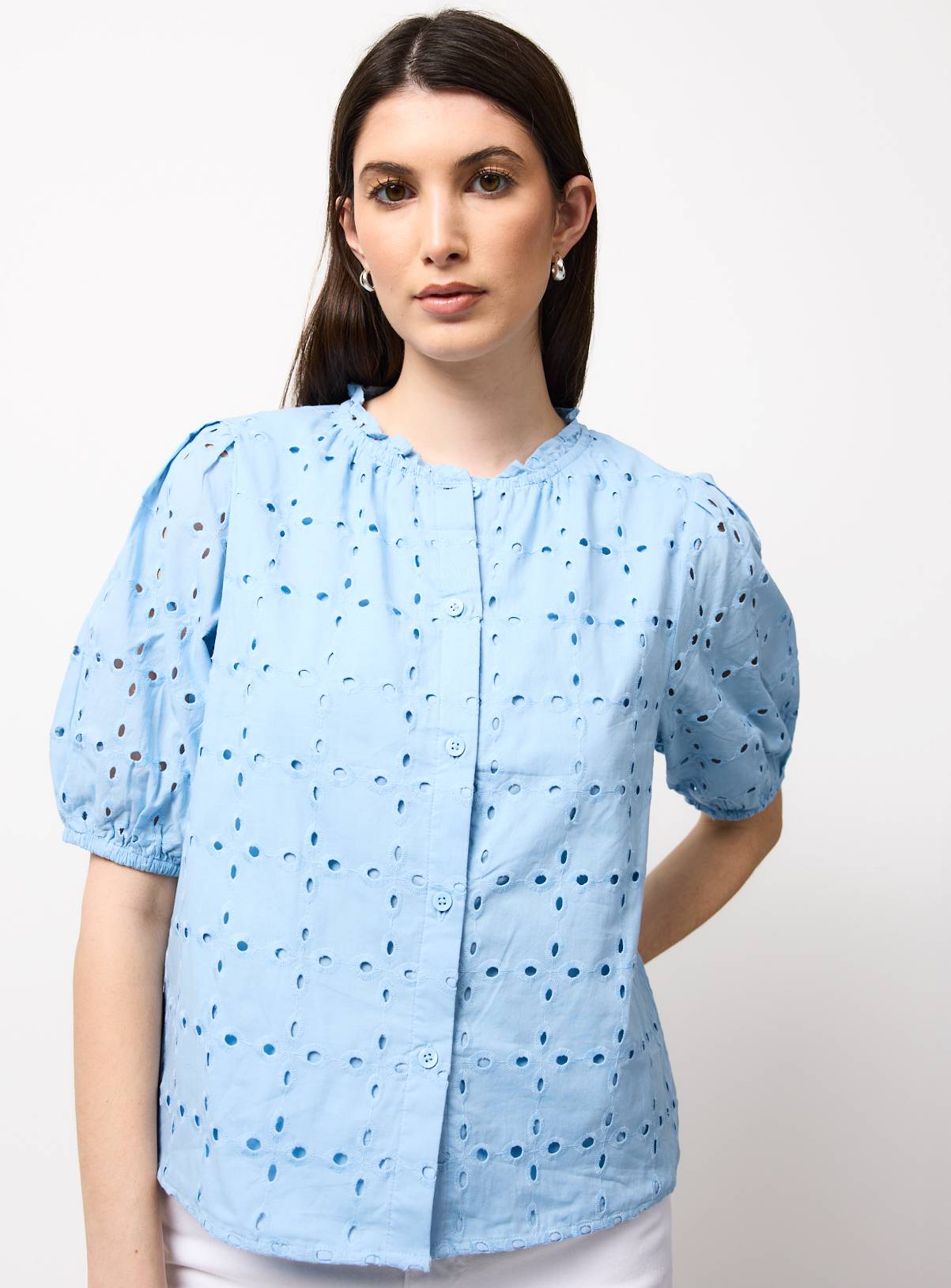 Blue Broderie Style Frill Collar Shirt 10 - Image 3